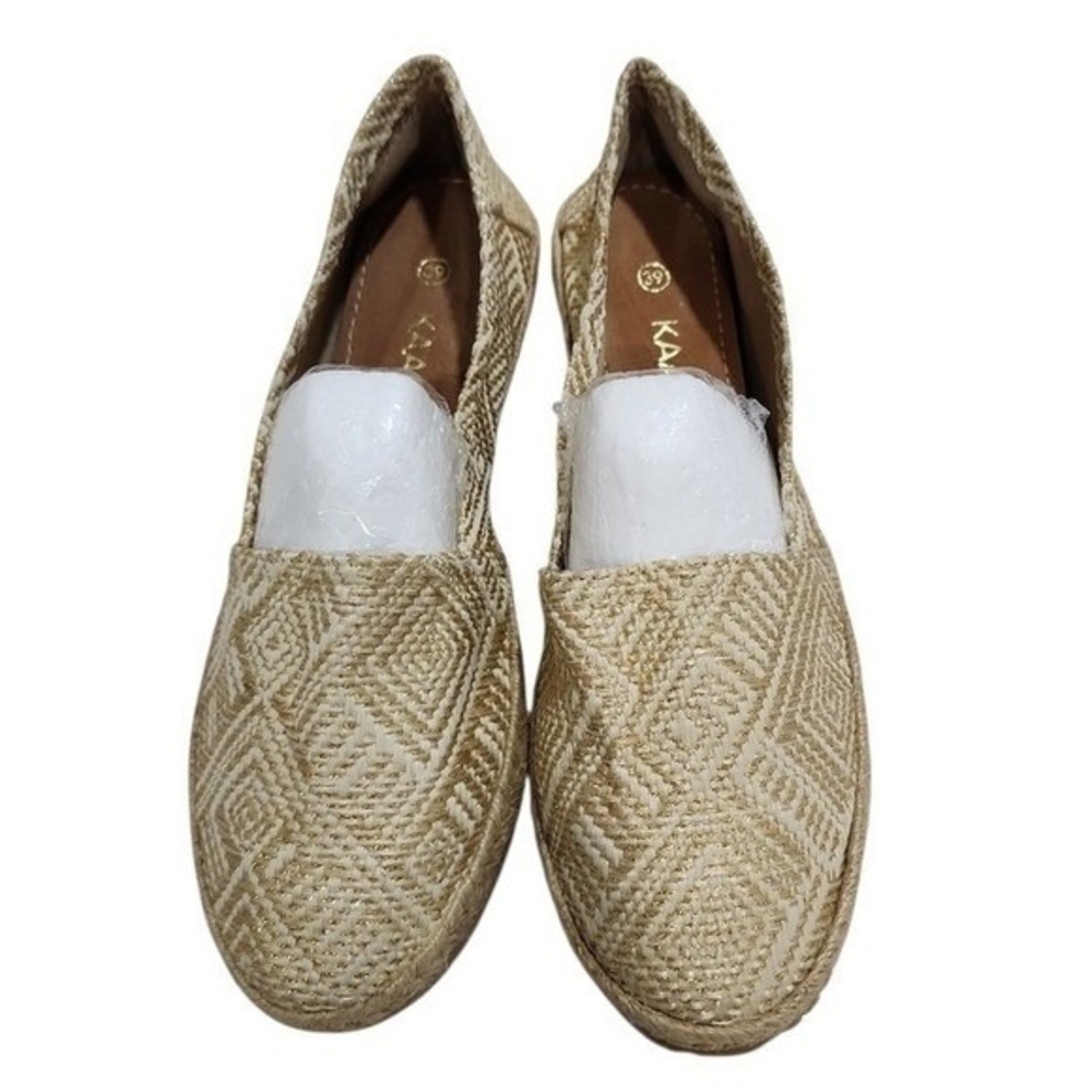 KAANAS Espadrille Flats Women 39 Gold Woven Geometric Boho Chic Metallic Slip on